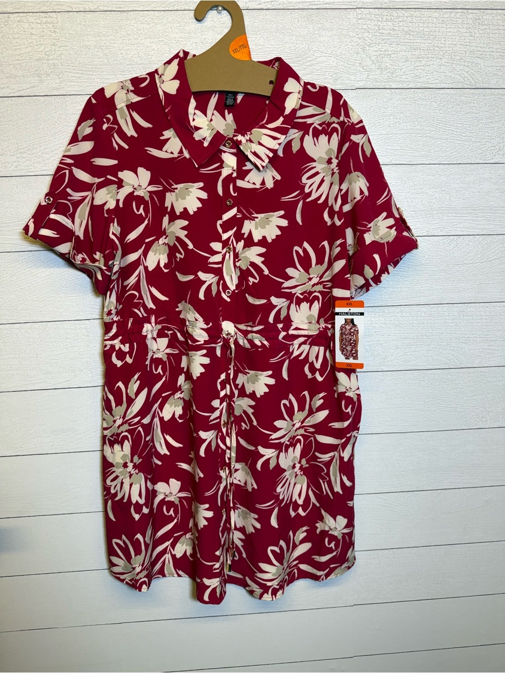 Halston Pink and cream Floral Shirt Dress Button down +pockets size XXL NWT